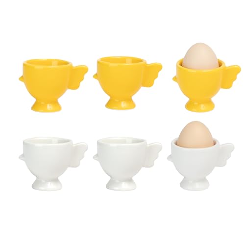 Eierbecher Porzellan 6er Set Lustiges Huhn geformt, Niedliches Eierbecher Geschenkset 6 Stück, Handgemachte Glasur Sicherheit Keramik Weich gekochte Eierhalter, Frühstücksküche Kochen Weiß Gelb von Bluweet