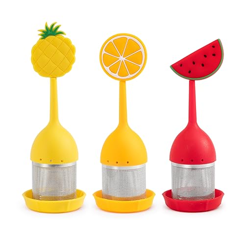Teesieb Teeei Teefilter für losen Tee 3 Stück mit Teeauflage Silikon Extra Feines Mesh Loser Tee Filter Obst Ananas, Wassermelone, Zitrone von Bluweet