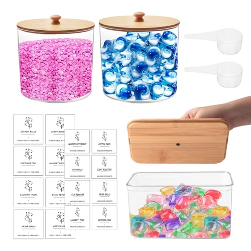 3 Stück Waschmittel Pod Aufbewahrung, Hohe Kapazität Kunststoff Waschpulver Aufbewahrungsbox mit Bambusdeckel, Badezimmer Waschmittel Organizer für Badebomben, Wäscheparfüm, Waschpads, Trockner Blatt von BlyeMichdi