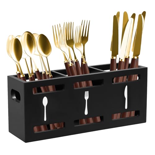 3 Teilig Besteckkasten aus Holz Metall, Besteckhalter Besteckkorb, Besteck Organizer Küchenutensilienhalter für Küche Besteckständer, Esstischdeko Besteckbehälter Küchenorganizer, 25.5*8.7cm (Schwarz) von BlyeMichdi
