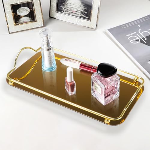 Badezimmer Tablett, Gold Deko Tablett aus Edelstahl mit Griffen, 37 * 21 cm Rechteckig Dekoratives Aufbewahrungs Tablett,Serviertablett Metall Kommode Parfümtablett, Spiegel Schmucktablett von BlyeMichdi