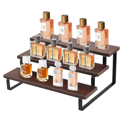 BlyeMichdi 3-Tier Display Ständer Treppe Holz, Holz Riser Display Regal Ständer, Schmuckkarten Ausstellungsständer für Parfume Figuren Kosmetik Sammlerstücke Cupcake (Walnussfarbe) von BlyeMichdi