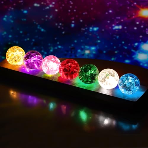 BlyeMichdi 7 Bunte Glaskristallkugeln mit LED Holzsockel, 40mm Meditation Chakra Kristallkugeln, Heilkugeln, Dekorative Bunte Kristallkugel für Wohnzimmer Schlafzimmer Nachtlicht Ornamente Geschenke von BlyeMichdi