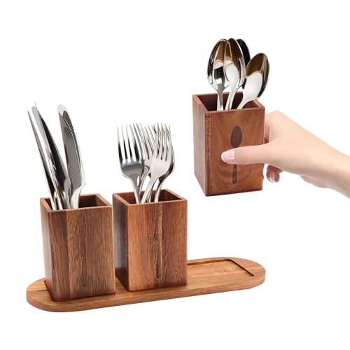 Besteckkorb Tisch aus Holz, 3-teiliges Bambus Besteckhalter, Küchenutensilienhalter, Besteck Aufbewahrung mit Ablaufloch, 33x11,5 cm Besteckständer für Arbeitsplatte, Bauernhaus Küchendekoration von BlyeMichdi