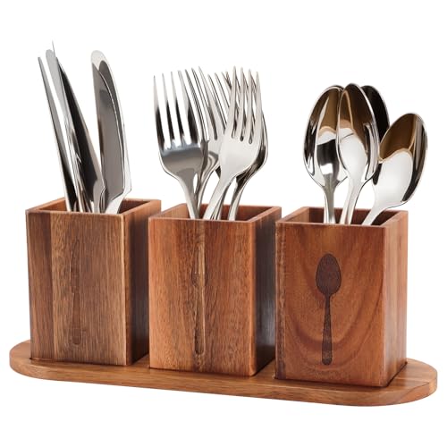 BlyeMichdi Besteckhalter aus Holz, 4 Stück, Utensilien-Organizer für Arbeitsplatte mit Holztablett, Küchengeschirr-Aufbewahrungsbox mit 3 Fächern für Arbeitsplatte, Löffel, Spatel, Gabel von BlyeMichdi