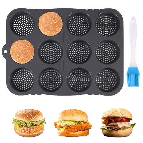 BlyeMichdi Burger Buns Backform Silikon, Antihaft Brötchen Backform Rund 8cm Ø mit 12 Hohlräumen, Silikon Brötchenbackform Muffinform für Brot Burger Buns und Muffins, Hamburgerbrötchen von BlyeMichdi
