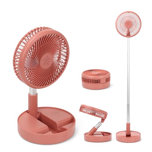 Faltbarer Standventilator Tischventilator Leise, 7200mAh Akku USB Ventilator, 9-100cm Tragbarer Teleskopventilator 4-stufiger Regelbarer für Schlafzimmer Büro Camping Reise (Rote Bohnenfarbe) von BlyeMichdi