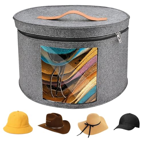 Großer Hutschachtel Rund mit Deckel, 40 x 25 cm Faltbare Hut Aufbewahrungsbox, Filz Hutboxen mit Reißverschluss und Ledergriff, Mützen Organizer, Hutkoffer mit Durchsichtigem Fenster für Schrank Reise von BlyeMichdi