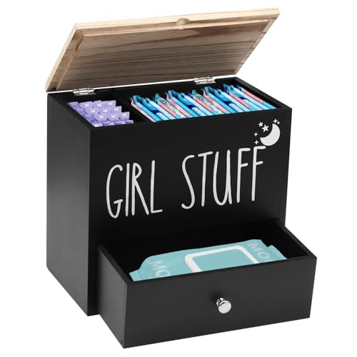 Tampon Aufbewahrung Badezimmer, Aufbewahrungsbox Hygieneartikel aus Holz 2 Fächer mit Deckel und Schublade, Wattepads Behälter Badezimmer Organizer für Tampons, Slipeinlagen Damen und Binden (Schwarz) Tampon Aufbewahrung Badezimmer, Aufbewahrungsbox Hygieneartikel aus Holz 2 Fächer mit Deckel und Schublade, Wattepads Behälter Badezimmer Organizer für Tampons, Slipeinlagen Damen und Binden (Schwarz) von BlyeMichdi