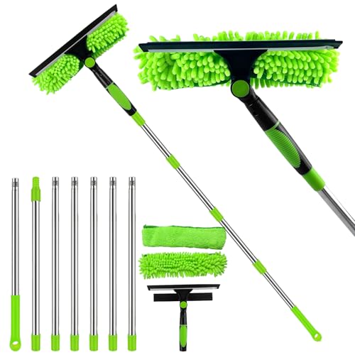 Teleskop Fensterwischer, Fensterreiniger mit Abzieher, Langem Stiel Fensterputzer Set, Set Glasreiniger mit 1 Mikrofasertuch und 2 Chenille Pad für Hohe Fenster im Innen und Außen (Grün, 3 m) von BlyeMichdi