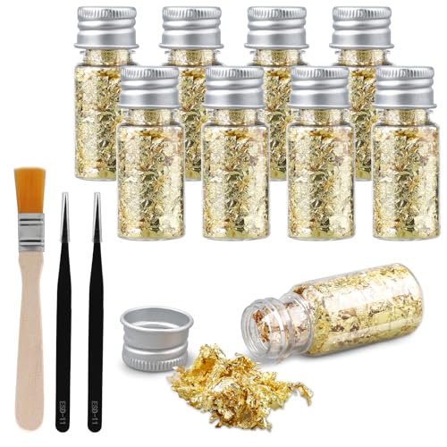 Bmliingchau 9 Flaschen Essbares Goldflocken Goldfolie Zum Basteln Blattgold Goldfolie Papier zum Basteln Lebensmittel Kuchen Backen Torten Dekorfolie Kunsthandwerk, Essbar Goldfolienflocken Tortendeko von Bmliingchau