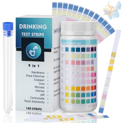 Aquarium Teststreifen 9 in 1, Trinkwasser Teststreifen 100 Streifen, Wasserteststreifen, Aquarium Wassertest zum Testen von PH, Wasserhärte, Chlor, Blei, Nitrat, Fluorid, Trinkwasser, Pool, Fischteich von Bmliingchau