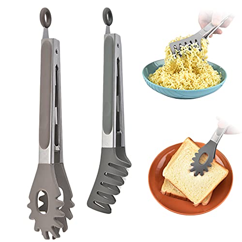 Bncxdc nudelzange, küchenzange Grillzange 2er-Set, Edelstahl und Silikonspitzen spaghettizange, Hitzebeständige Fleischzange mit Verriegelungsclip, Servierzange für Kochen, Grillen, 25,5cm, Grau von Bncxdc