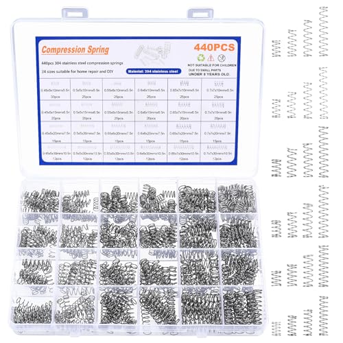440 Stk Edelstahl Druckfedern Sortiment Set, Feder Zugfedern Sortiment Set, Spannfedern Spiralfedern Metallfeder Sprungfeder Stahlfedern für Werkzeuge Geräte Auto Compression Springs(24 Größen) von Bnnrjia