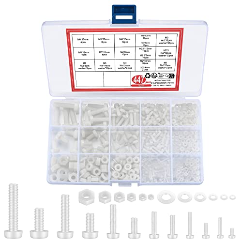 447 Stück weiße Nylon Kunststoff Flachkopfschrauben, Schrauben und Muttern und Unterlegscheiben, metrische Sechskantschrauben und Muttern und Abstandhalter, Sortiment Set - M2/M2,5/M3/M4/M5/M6 von Bnnrjia