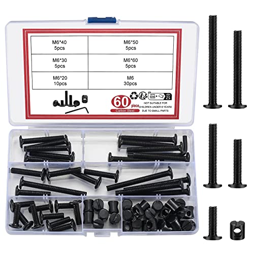 60 Stk Möbelschrauben mit Zylindermuttern Sortiment Kit, M6 x 20/30/40/50/60 mm Möbelverbinder Schrauben Set, Innensechskant Zylindermuttern Schraubenmuttern Kohlenstoffstahl, für Betten Möbel von Bnnrjia