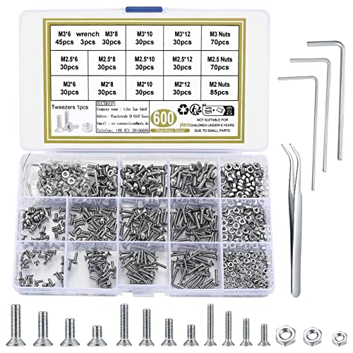 Bnnrjia 600 Stk M2/M2.5/M3 Innensechskant Sechskantschrauben mit Muttern Set, Edelstahl Senkkopfschrauben mit Muttern Sortiment Kit, Gewindeschrauben Maschinenschrauben für Haus Garagen Möbel von Bnnrjia