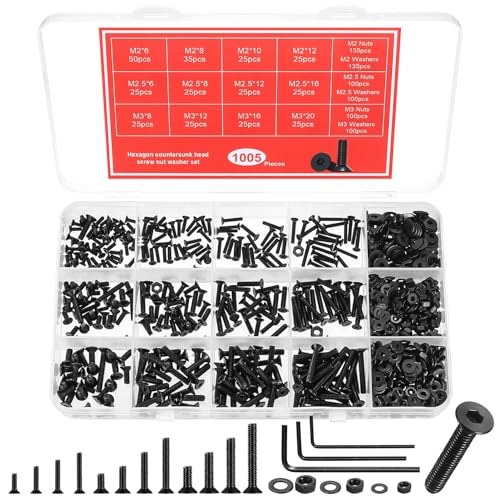 Bnnrjia 1005 STK M2, M2,5 M3 Senkkopfschrauben Muttern Set, Senkkopf Innensechskant Schrauben Set, Maschinenschrauben Sortiment, Schwarz Flachkopfschrauben mit Muttern und Unterlegscheiben Kit Bnnrjia 1005 STK M2, M2,5 M3 Senkkopfschrauben Muttern Set, Senkkopf Innensechskant Schrauben Set, Maschinenschrauben Sortiment, Schwarz Flachkopfschrauben mit Muttern und Unterlegscheiben Kit von Bnnrjia