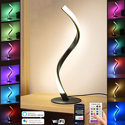 LED Spiral Tischlampe Smart RGB Schreibtischlampe Mit Fernbedienung und APP Steuerung, Modern Dimmbare Nachttischlampe Funktioniert Mit Alexa Und Google Assistant Schwar von BOBOPAI