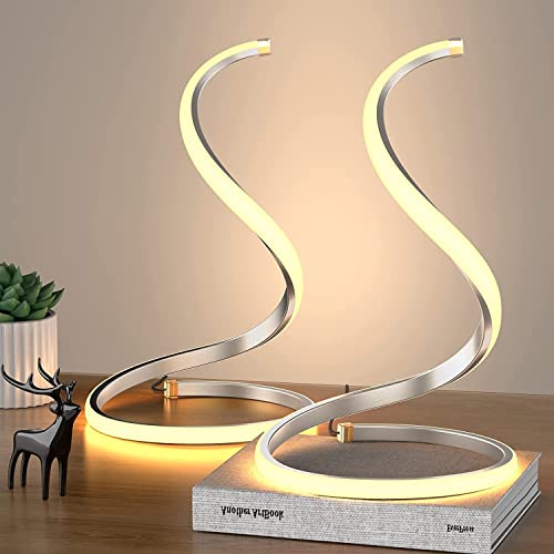 BOBOPAI 2 Stücke Spiral LED Tischlampe, Modern Nachttischlampe aus Aluminium,12W Dimmbare Schreibtischlampe Mit Touch-Schalter für Schlafzimmer, Wohnzimmer und Büro, Höhe 13Zoll-2M Kabel, Silber von BOBOPAI