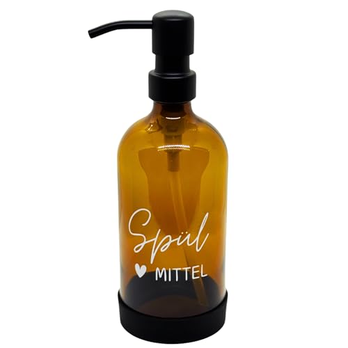 BoBoU 1er Set Glas Seifenspender Braunglas 500ml Keramik Oberfläche Retro Design Braune Glasflasche Pumpenkopf aus Edelstahl mit Gummischutzring handgeschriebener Text Spülmittelspender Küche Bad von BoBoU