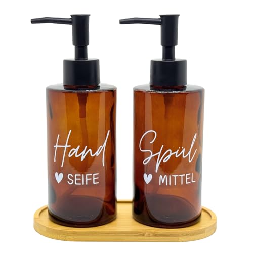 BoBoU 2er Set Glas Seifenspender Braunglas 320ml Retro Design Braune Glasflasche Mattschwarzer Pumpenkopf mit Tablett handgeschriebener Text Spülmittelspender Handseifenspender Küche Bad von BoBoU