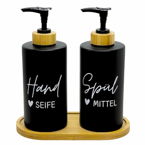 BoBoU 2er Set Glas Seifenspender schwarz matt 320ml Keramik Oberfläche Retro Design Pumpenkopf aus Bambus mit Tablett handgeschriebener Text Spülmittelspender Handseifenspender Küche Bad BoBoU 2er Set Glas Seifenspender schwarz matt 320ml Keramik Oberfläche Retro Design Pumpenkopf aus Bambus mit Tablett handgeschriebener Text Spülmittelspender Handseifenspender Küche Bad von BoBoU
