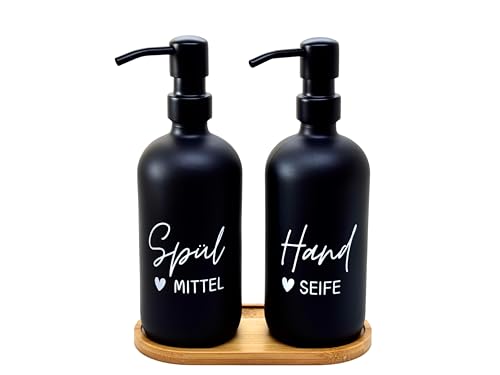BoBoU 500ml Glas Seifenspender 2er Set Retro Design schwarz matt Keramik Oberfläche Pumpenkopf aus Edelstahl mit Bambus tablett handgeschriebener Text Spülmittelspender Handseifenspender Küche Bad von BoBoU