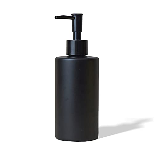 BoBoU Echtglas Seifenspender Schwarz Matt Glas Pumpspender Spülmittelspender Keramik mit Retro Design Pumpkopf aus hochwertigem Kunststoff 350ml für Badezimmer Küche (schwarz (runde), 1er Set) von BoBoU