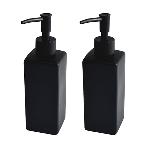 BoBoU 2er Set Glas Seifenspender 350ml schwarz matt Keramik Oberfläche mit Retro Design Mattschwarzer Pumpenkopf Spülmittelspender Handseifenspender Küche Bad von BoBoU