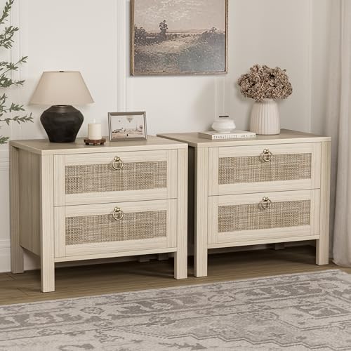 BOLUO Holz-Nachttisch-Set, 2 Stück, großer Nachttisch mit 2 Schubladen, Boho-Nachttische, Rattan-Nachttisch für gemütliches Schlafzimmer von BoLuo
