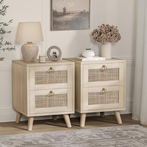BOLUO Holz-Nachttisch-Set, 2 Stück, kleiner Nachttisch mit 2 Schubladen, Boho-Nachttische, Rattan-Nachttisch für gemütliches Schlafzimmer, Wohnzimmer BOLUO Holz-Nachttisch-Set, 2 Stück, kleiner Nachttisch mit 2 Schubladen, Boho-Nachttische, Rattan-Nachttisch für gemütliches Schlafzimmer, Wohnzimmer von BoLuo