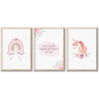 Kinderzimmer Poster 3Er Set Einhorn Regenbogen Wolke Blumen Pastel Rosa, Wandbilder Baby Kunstdruck Nursery Art Mädchen Kinder A4, A3 Kinderzimmer Poster 3Er Set Einhorn Regenbogen Wolke Blumen Pastel Rosa, Wandbilder Baby Kunstdruck Nursery Art Mädchen Kinder A4, A3 von BoNuDesign
