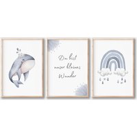 Kinderzimmer Poster Set | Wal Und Regenbogen Wandbilder Blau Babyzimmer Junge, Mädchen Aquarell Deko Geschenk Geburt Kleines Wunder von BoNuDesign