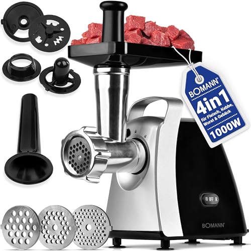 Bomann® Fleischwolf 1000W | mit Aufsatz für Plätzchen/Spritzgebäck | Fleischwolf elektrisch | 3 Metall-Lochscheiben | Vor- und Rücklauf | inkl. Wurstfüller | Metall-Hals u. Schnecke | FW 6067 CB von Bomann