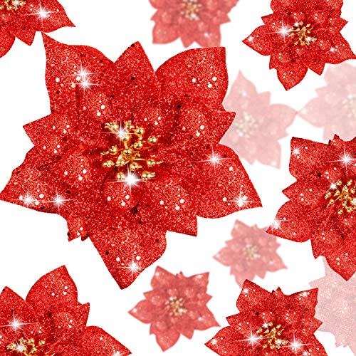 24 Stück Funkeln Weihnachtsstern Künstliche Weihnachten Blumen Weihnachtsstern Dekorationen Hochzeit Weihnachtsbaum Ornamente, 3/4/ 6 Zoll (Rot) von Boao