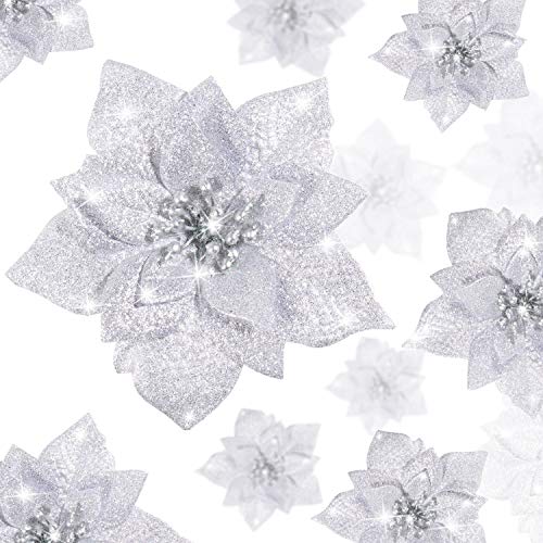 24 Stück Funkeln Weihnachtsstern Künstliche Weihnachten Blumen Weihnachtsstern Dekorationen Hochzeit Weihnachtsbaum Ornamente, 3/4/ 6 Zoll (Silber) von Boao