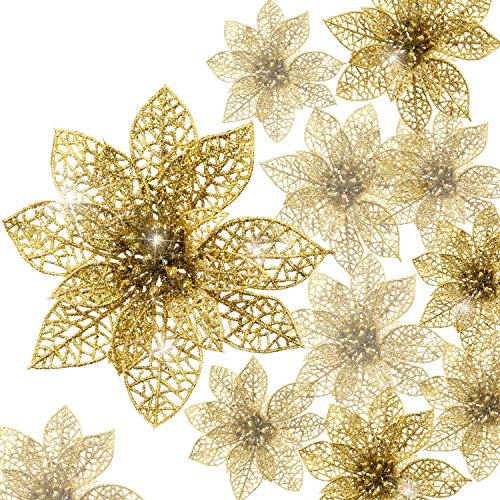 24 Stück Glitter Poinsettia Weihnachtsbaum Ornament Weihnachten Blumen Dekor Ornament (Gold) von Boao