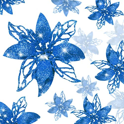 24 Stück Weihnachten Glitzer Künstliche Weihnachtsstern Blumen Weihnachtsblumen Dekorationen Hochzeit Weihnachtsbaum Neujahr Ornamente (Blau) von Boao