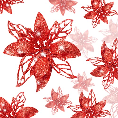 24 Stück Weihnachten Glitzer Künstliche Weihnachtsstern Blumen Weihnachtsblumen Dekorationen Hochzeit Weihnachtsbaum Neujahr Ornamente (Rot) von Boao