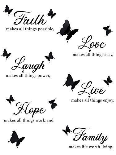 6 Stück Faith Hope Love Laugh Family Live Wandtattoo Aufkleber Motivierende Wandtattoo Aufkleber mit 12 Stück 3D Schmetterling Abziehbilder Inspirierende Zitate Aufkleber Set für Haus Dekoration von Boao