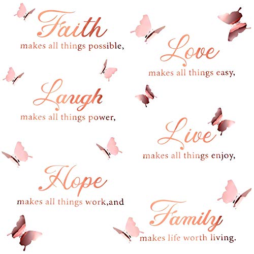 6 Stücke Faith Hope Love Laugh Family Live Wandtattoo Aufkleber Motivierende Wandtattoo Aufkleber mit 12 Stücke 3D Schmetterling Abziehbilder Inspirierende Zitate Aufkleber Set (Rose Gold) von Boao