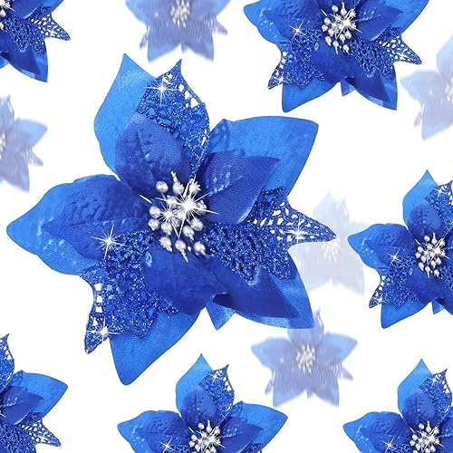 Boao Weihnachts-Glitzerblumen, künstlicher Weihnachtsstern, Dekorationen für Hochzeit, Weihnachtsbaum, Neujahr, 24 Stück, Marineblau von Boao