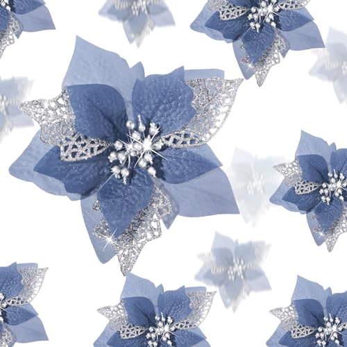 Boao Weihnachts-Glitzerblumen, künstlicher Weihnachtsstern, Dekorationen für Hochzeit, Weihnachtsbaum, Neujahr, 24 Stück, Taubenblau von Boao