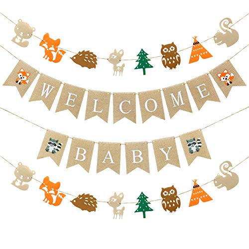 Wald Baby-Dusche Dekorationen Set beinhaltet 1 kleines Welcome Baby Banner und 2 Fuchs Hirsch Eule willkommen Baby; Passend für Babypartygeburtstagsfeier mit Dekorationen Dieser Waldparty-Fahne von Boao