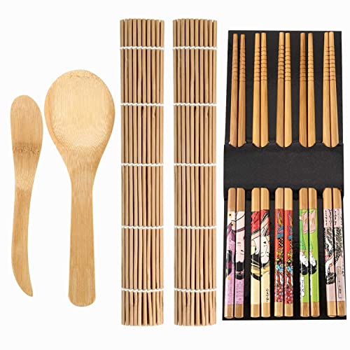 Boao Sushi Set，2 Bambus Sushi Matte，5 Paar Essstäbchen，1 Reisstreuer - 1 Paddel， Sushi Set zum selber Machen anfänger 4 Personen von Boao