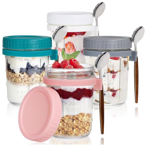 Boarle Haferbehälter für die Nacht, mit Deckel und Löffeln, 340 ml, Joghurt-Frühstücksbehälter mit Messskala, 4 Stück von Boarle