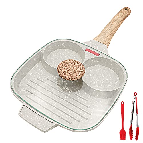 Bobikuke Spiegeleipfanne, 21 cm Pancake Pfanne mit Deckel 3 Loch Aluminium Eierpfanne mit Antihaftbeschichtung für Frühstück, für Induktion & Gas - Weiß von Bobikuke