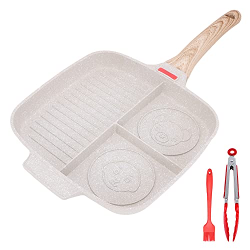 Bobikuke Multi Grillpfanne, Steakpfanne 3 in 1 Antihaft-Beschichtung Geteilte Bratpfanne Für Frühstück Steak, Spiegeleier, Speck, Kompatibel Für Alle Herdarten, 27 x 24cm (Weiß) von Bobikuke