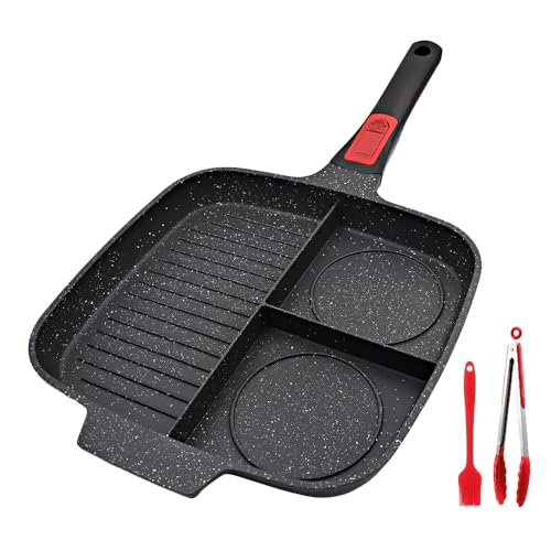 Bobikuke Multi Grillpfanne Induktion mit Abnehmbarer Griff, Steakpfanne 3 in 1 Antihaft Beschichtung Geteilte Bratpfanne, Kompatibel Für Alle Herdarten, 28 x 24 cm (Schwarz) von Bobikuke